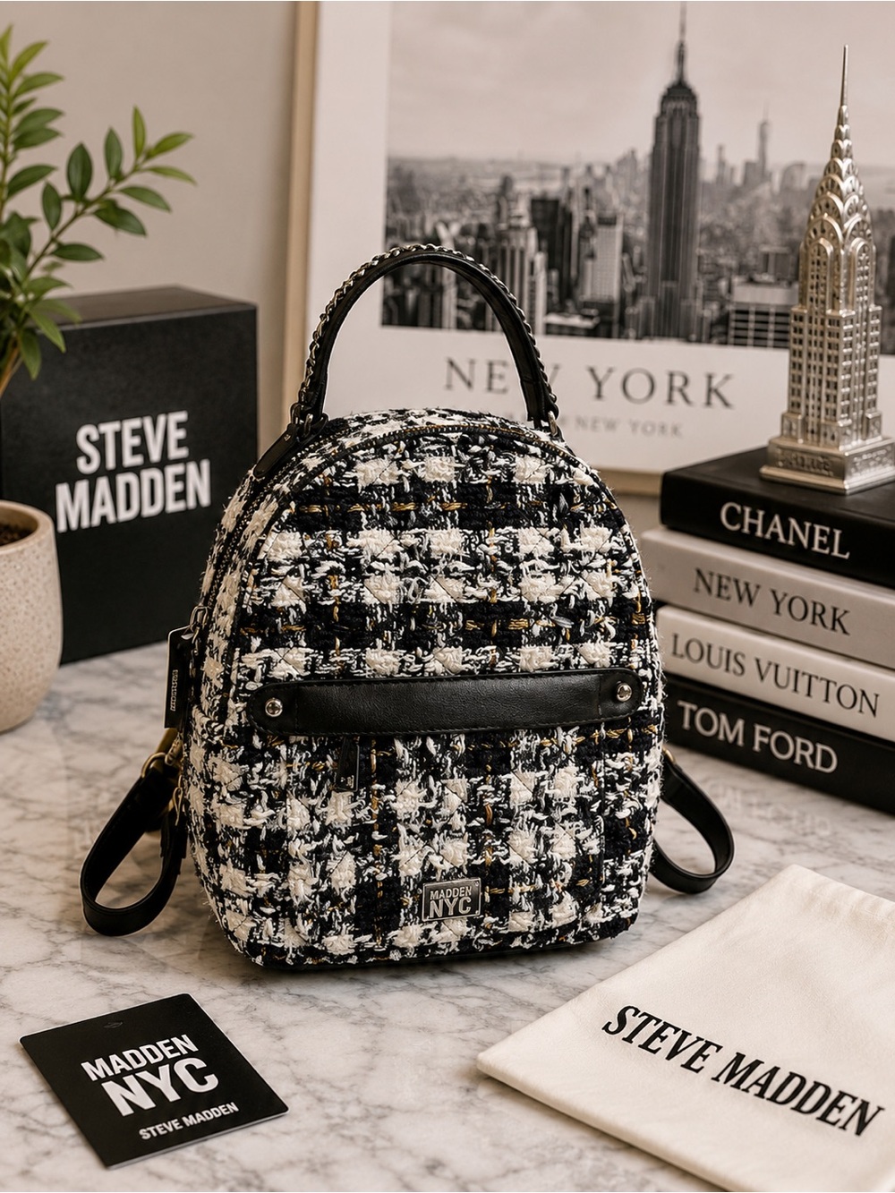 NWT Madden NYC Mini Quilted Boucle Tweed Plaid Backpack Bag